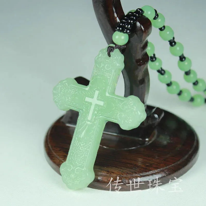 Chinese Green Jade Cross Pendant Necklace Hand-carved Charm Jadeite Jewelry