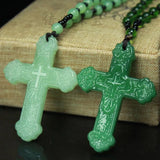 Chinese Green Jade Cross Pendant Necklace Hand-carved Charm Jadeite Jewelry