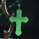 Chinese Green Jade Cross Pendant Necklace Hand-carved Charm Jadeite Jewelry