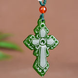 Hand-carved Green Jade Cross Pendant Necklace for Luck