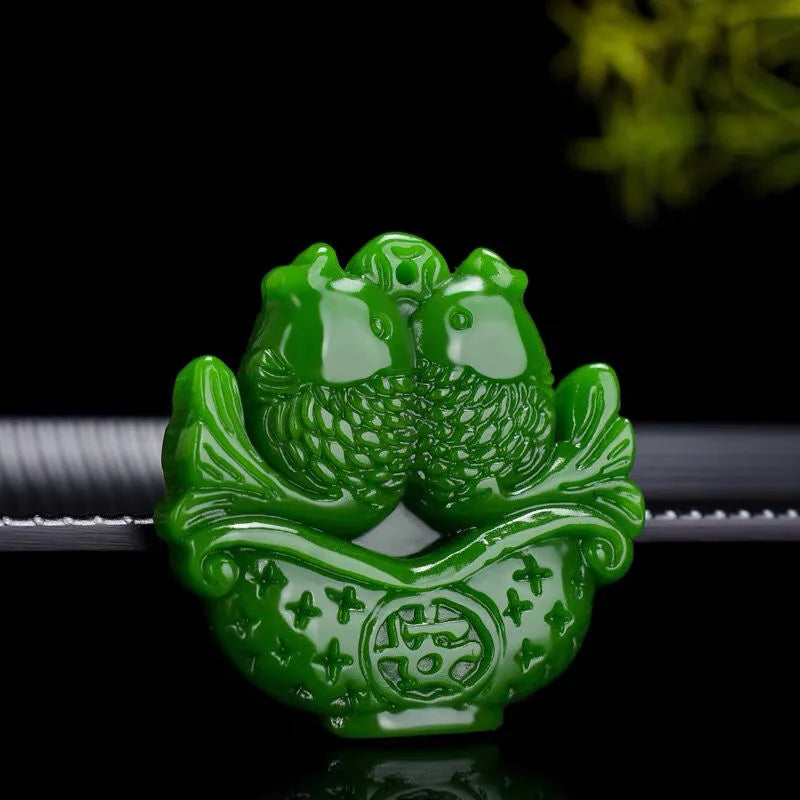 Green Jade Double Carp Pendant Necklace Charm Jadeite Jewelr