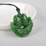 Hand-carved Chinese Green Jade Double Carp Pendant Necklace Jadeite Jewelry