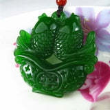 Hand-carved Chinese Green Jade Double Carp Pendant Necklace Jadeite Jewelry