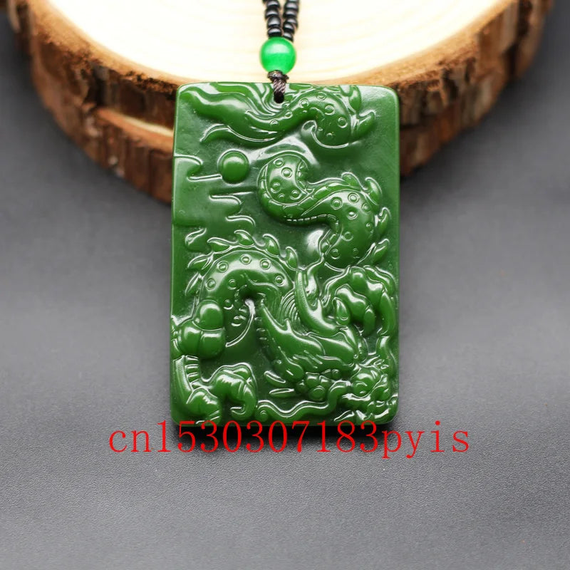 Chinese Green Jade Dragon Pendant Necklace Hand-Carved Charm Jadeite Jewelry