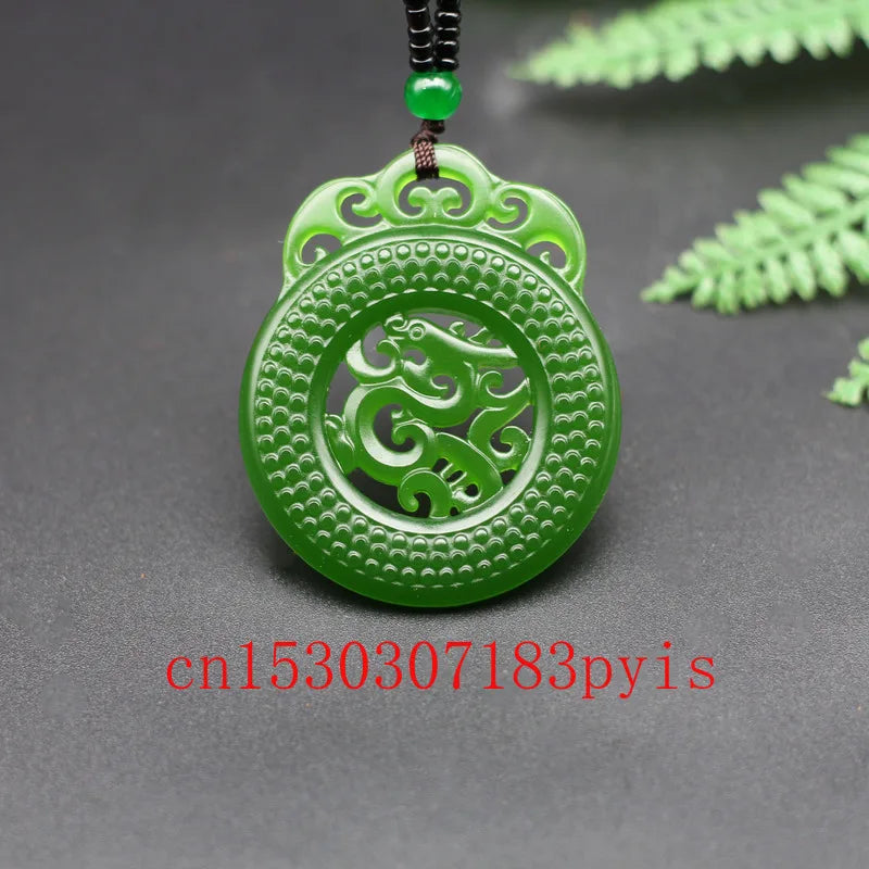 Chinese Green Jade Dragon Pendant Necklace Hollow Carved Charm Amulet
