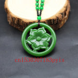 Chinese Green Jade Flower Pendant Necklace Hollow Carved Charm Jewelry