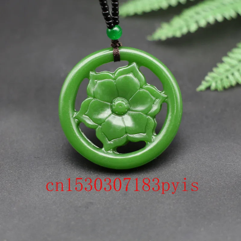 Chinese Green Jade Flower Pendant Necklace Hollow Carved Charm Jewelry