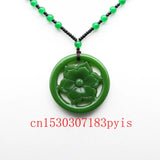 Chinese Green Jade Flower Pendant Necklace Hollow Carved Charm Jewelry