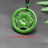 Chinese Green Jade Flower Pendant Necklace Hollow Carved Charm Jewelry