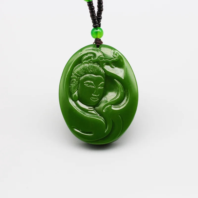 Hand-Carved Natural Green Jade Guanyin Pendant Necklace Jadeite Jewellery
