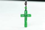 Chinese Green Jade Jesus Cross Pendant Necklace Hand-carved Jadeite Jewelry