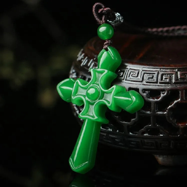 Chinese Green Jade Jesus Cross Pendant Necklace Hand-carved Jadeite Jewelry