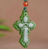 Chinese Green Jade Jesus Cross Pendant Necklace Hand-carved Jadeite Jewelry