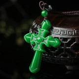 Chinese Green Jade Jesus Cross Pendant Necklace Hand-carved Jadeite Jewelry