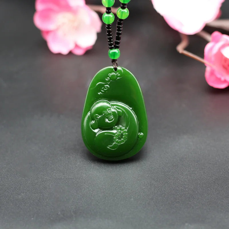 Natural Green Jade Maitreya Buddha Pendant Necklace Hand-Carved Jadeite Charm