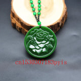 Green Jade Peony Flower Pendant Necklace Hand-Carved Charm Jadeite Jewelry