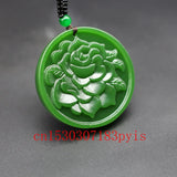 Green Jade Peony Flower Pendant Necklace Hand-Carved Charm Jadeite Jewelry