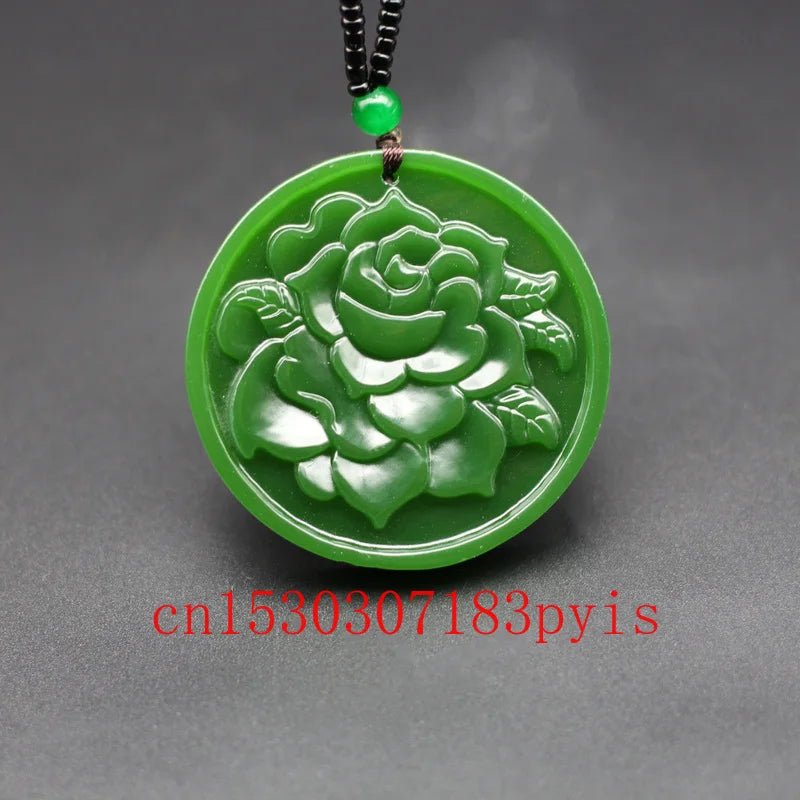 Green Jade Peony Flower Pendant Necklace Hand-Carved Charm Jadeite Jewelry