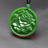 Green Jade Peony Flower Pendant Necklace Hand-Carved Charm Jadeite Jewelry