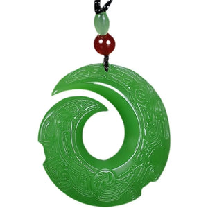 Chinese Green Jade Runes Pendant Necklace Charm Jadeite Jewelry Luck Amulet