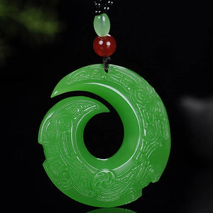 Chinese Green Jade Runes Pendant Necklace Charm Jadeite Jewelry Luck Amulet