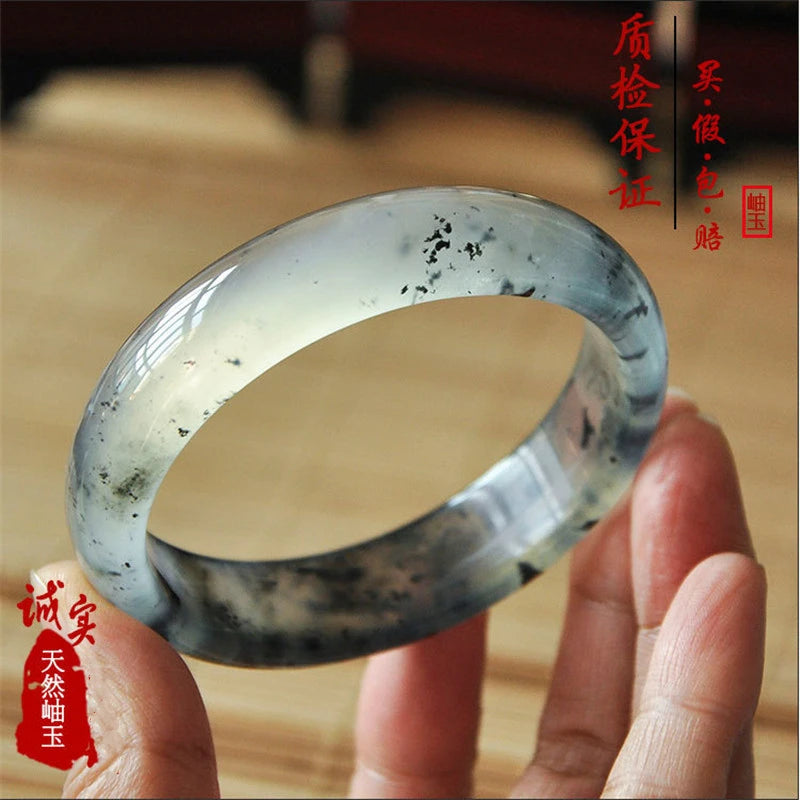 Chinese Natural Ink Jade Bracelet Hand-carved Wide Bar