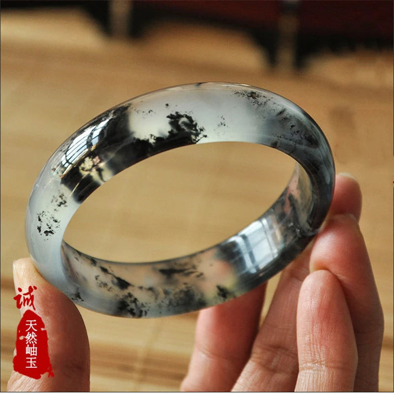 Chinese Natural Ink Hand-carved Wide Bar Jade Bracelet