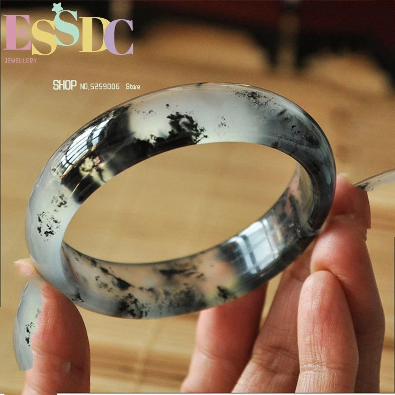 Chinese Natural Ink Hand-carved Wide Bar Jade Bracelet