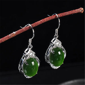 Chinese Natural Jade Green Hand-carved Plum Blossom Earrings