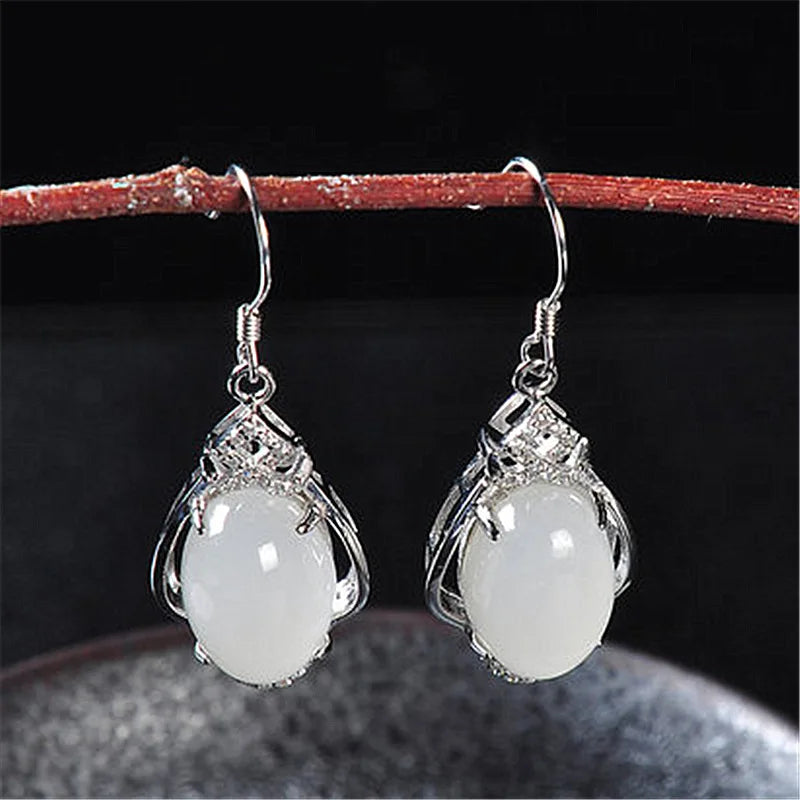 Chinese Natural Jade Green Hand-carved Plum Blossom Earrings
