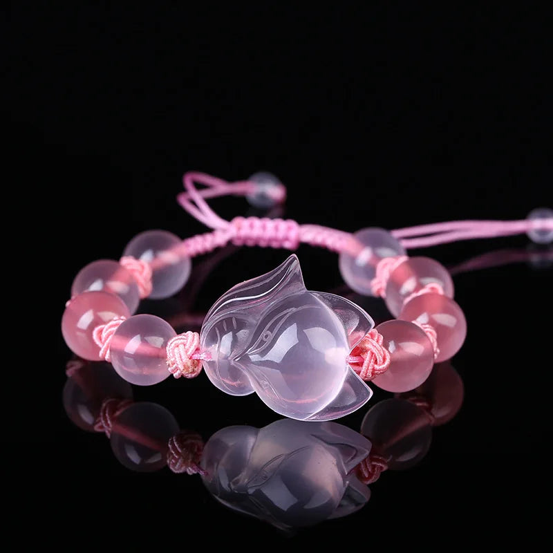 Chinese Pink Agate Jade Fox Bracelet Hand-Carved