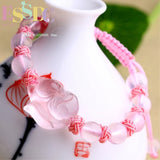 Chinese Pink Agate Chalcedony Jade Fox Elastic Bracelet Hand-Carved Healing