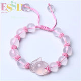 Chinese Pink Agate Chalcedony Jade Fox Elastic Bracelet Hand-Carved Healing