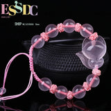 Chinese Pink Agate Chalcedony Jade Fox Elastic Bracelet Hand-Carved Healing