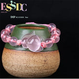 Chinese Pink Agate Chalcedony Jade Fox Elastic Bracelet Hand-Carved Healing