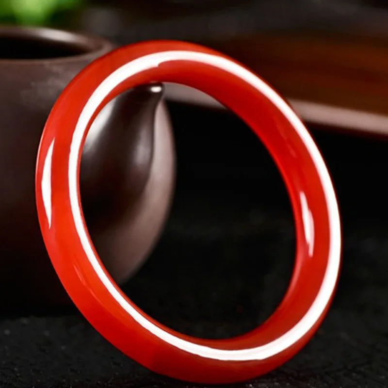 Natural Red Chalcedony Hand Carved Round Bar Bracelet Women's Red Agate Bracelet