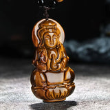 Chinese Tiger-Eye Stone Guanyin Pendant Necklace Hand-Carved Healing Gift
