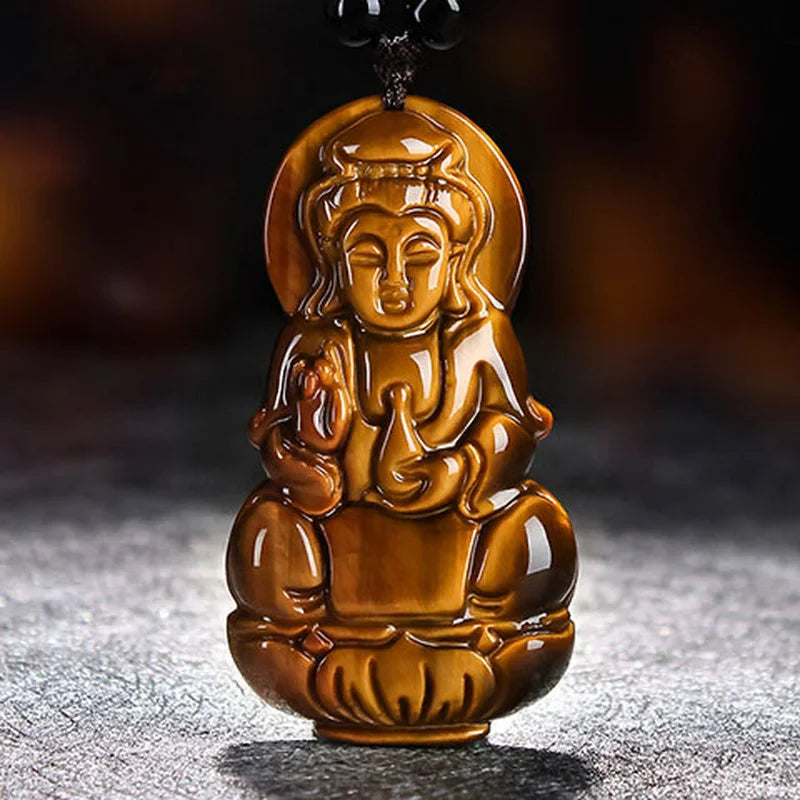 Chinese Tiger-Eye Stone Guanyin Pendant Necklace Hand-Carved Healing Gift