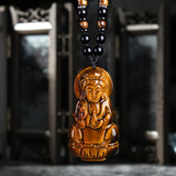 Chinese Tiger-Eye Stone Guanyin Pendant Necklace Hand-Carved Healing Gift
