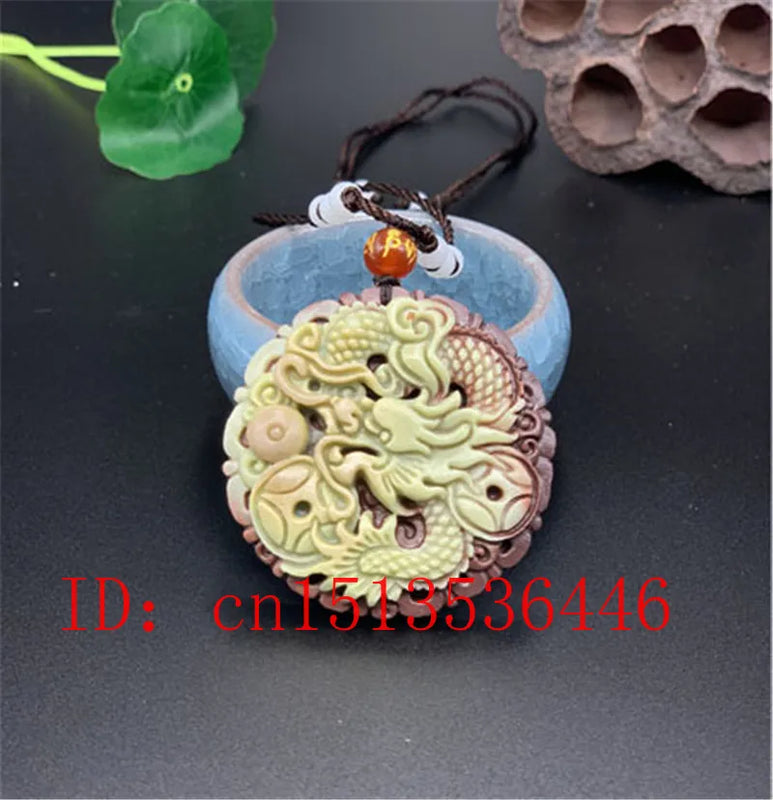 Chinese Natural Jade Dragon Pendant Necklace Charm Hand-Carved Lucky Amulet