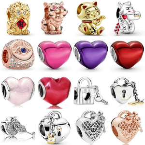 Chinese Pixiu Tiger Pink Heart Padlock Pendant 925 Silver Charms