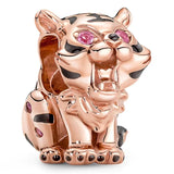 Chinese Pixiu Tiger Pink Heart Padlock Pendant 925 Silver Charms