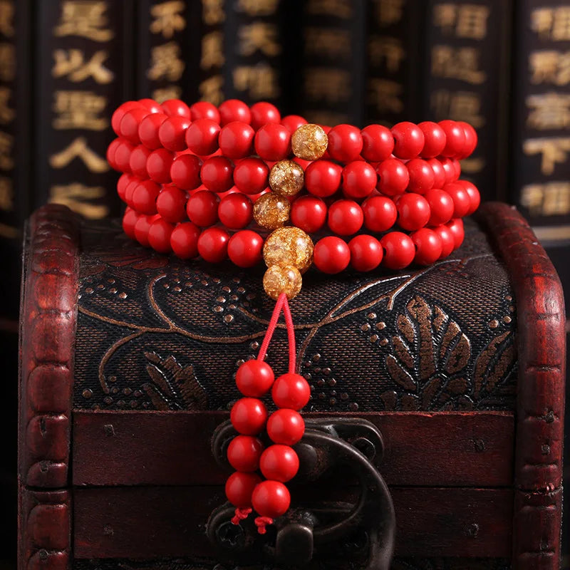 Chinese Red Cinnabar Foil 108 Beads Bracelet Jade Buddhist Rosary Luck Amulet
