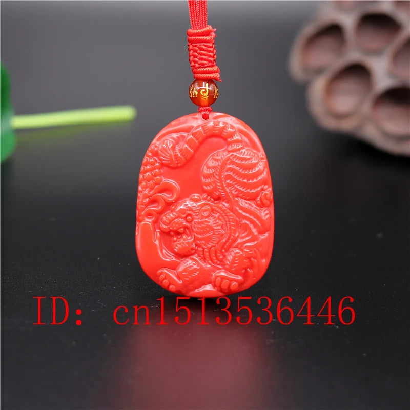 Chinese Red Jade Tiger Pendant Necklace Charm Jadeite Jewelry Carved Amulet Luck
