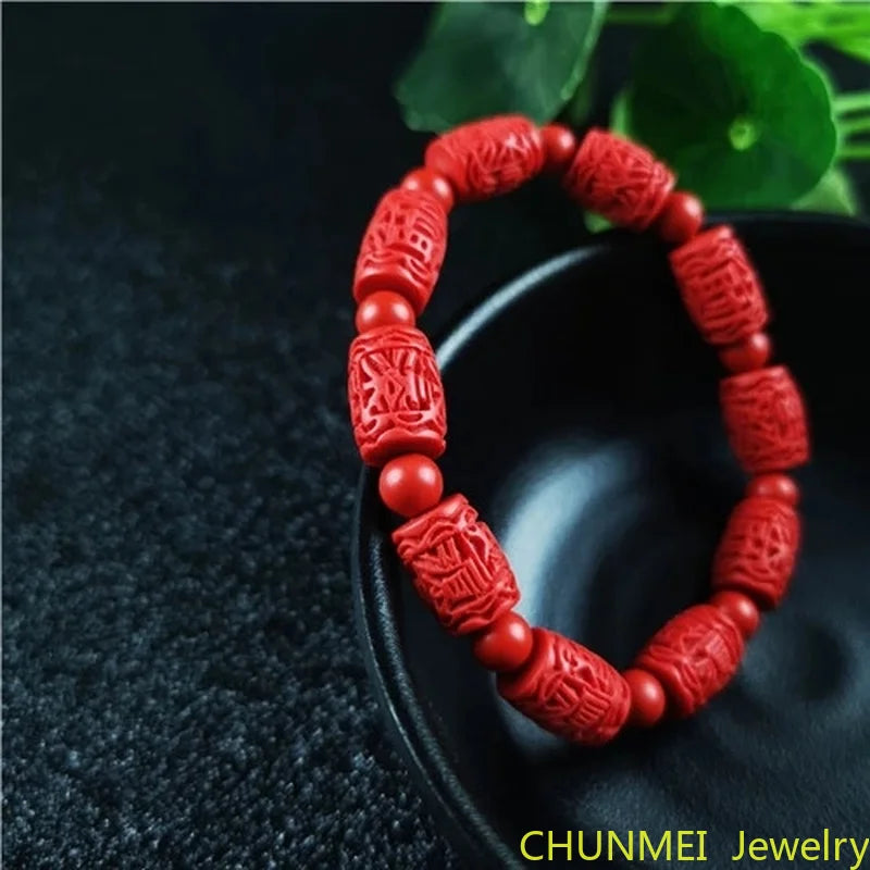 Chinese Red Organic Cinnabar Carving Beads Elastic Bracelet Luck Amulet