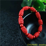 Chinese Red Organic Cinnabar Carving Beads Elastic Bracelet Luck Amulet