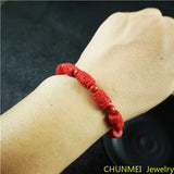 Chinese Red Organic Cinnabar Carving Beads Elastic Bracelet Luck Amulet