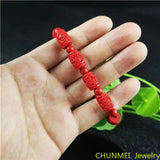 Chinese Red Organic Cinnabar Carving Beads Elastic Bracelet Luck Amulet
