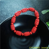 Chinese Red Organic Cinnabar Carving Beads Elastic Bracelet Luck Amulet