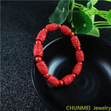 Chinese Red Organic Cinnabar Carving Beads Elastic Bracelet Luck Amulet